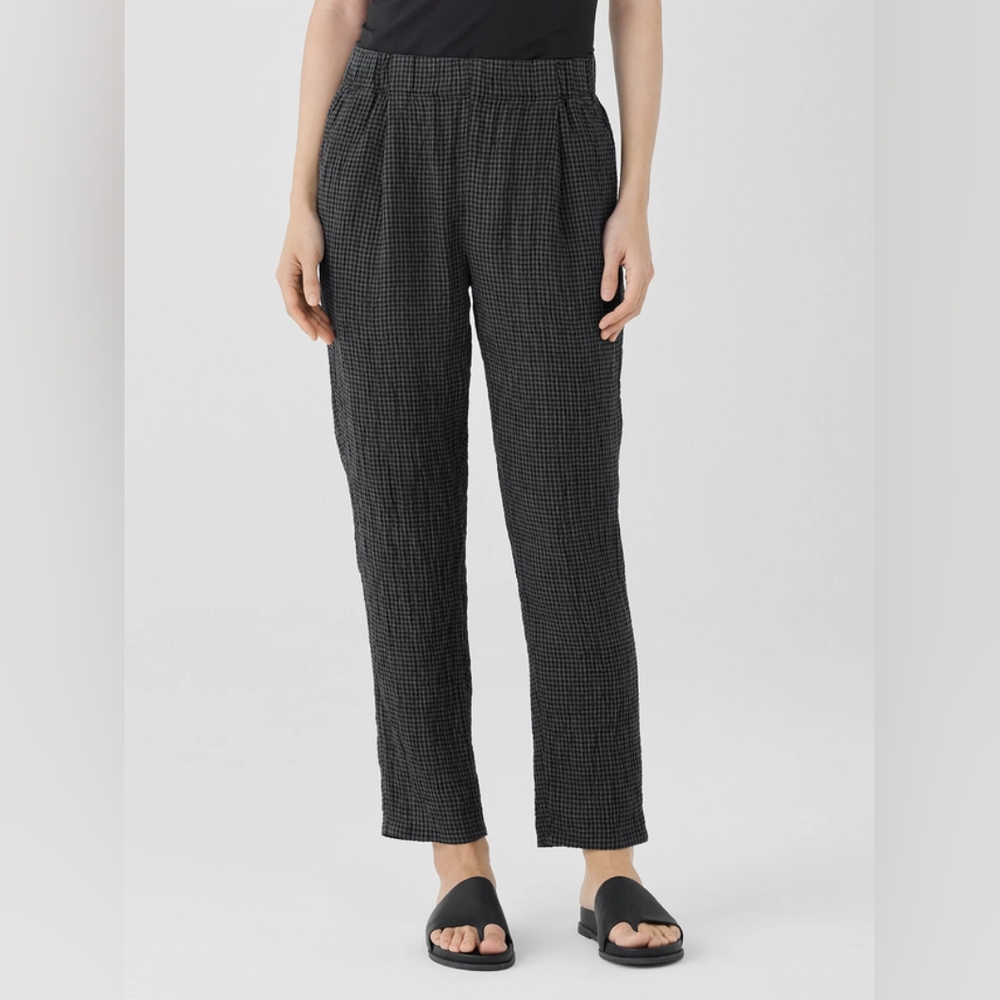 Eileen Fisher Puckered Organic Linen Tapered Pant Black Gray - Picture 2 of 11